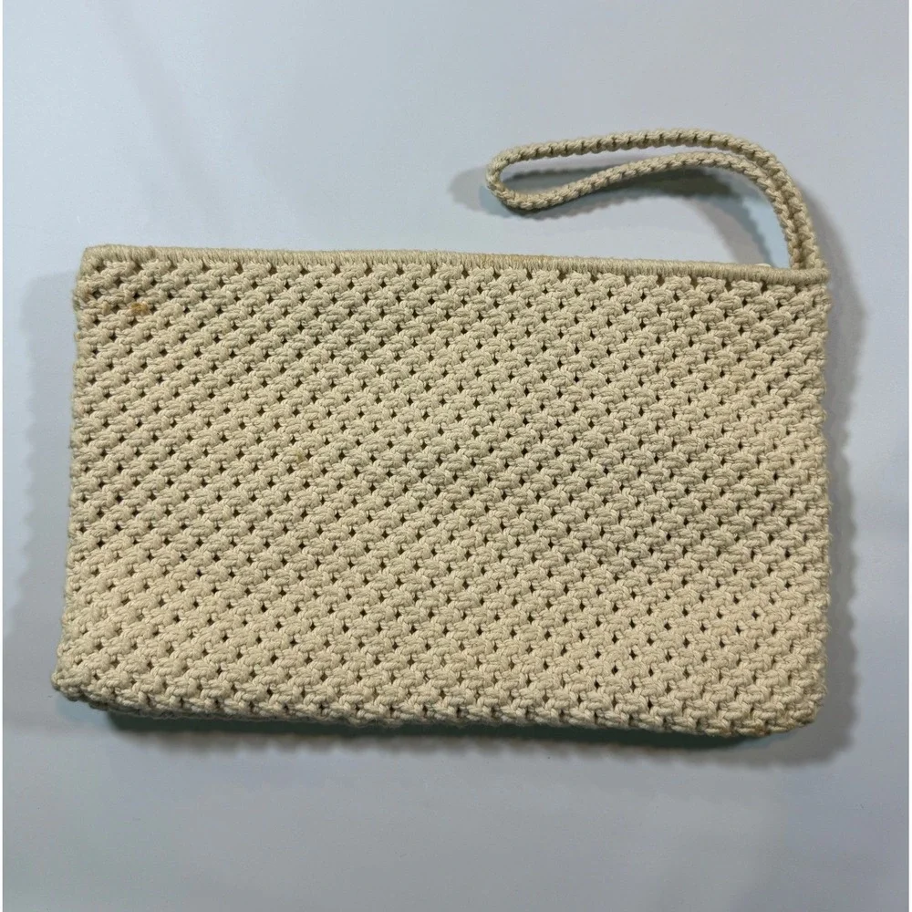VTG Macrame Woven Wristlet Clutch Purse Bag Cream‎ Beige Boho Coastal Beachy 70s